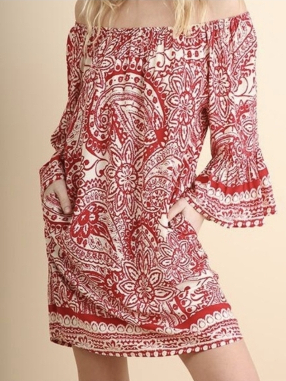 Umgee Paisley Day Dress Bohemian Boho Hippie Gypsy Red Womens Medium
